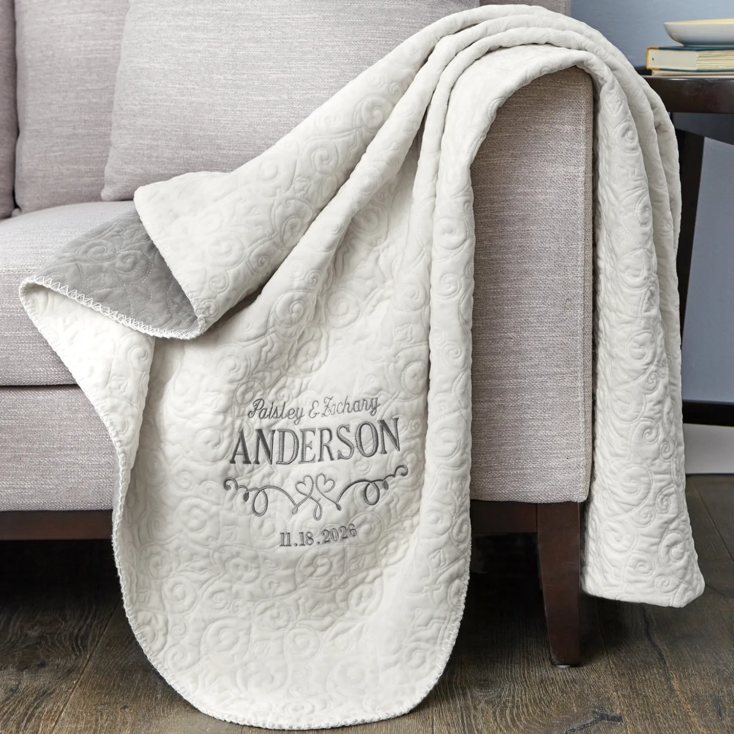 Two Hearts Embroidered Quilted Throw