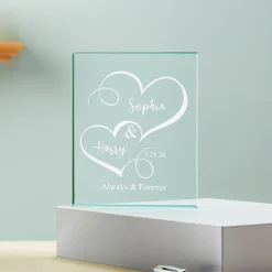 Two Hearts One Love Glass Block