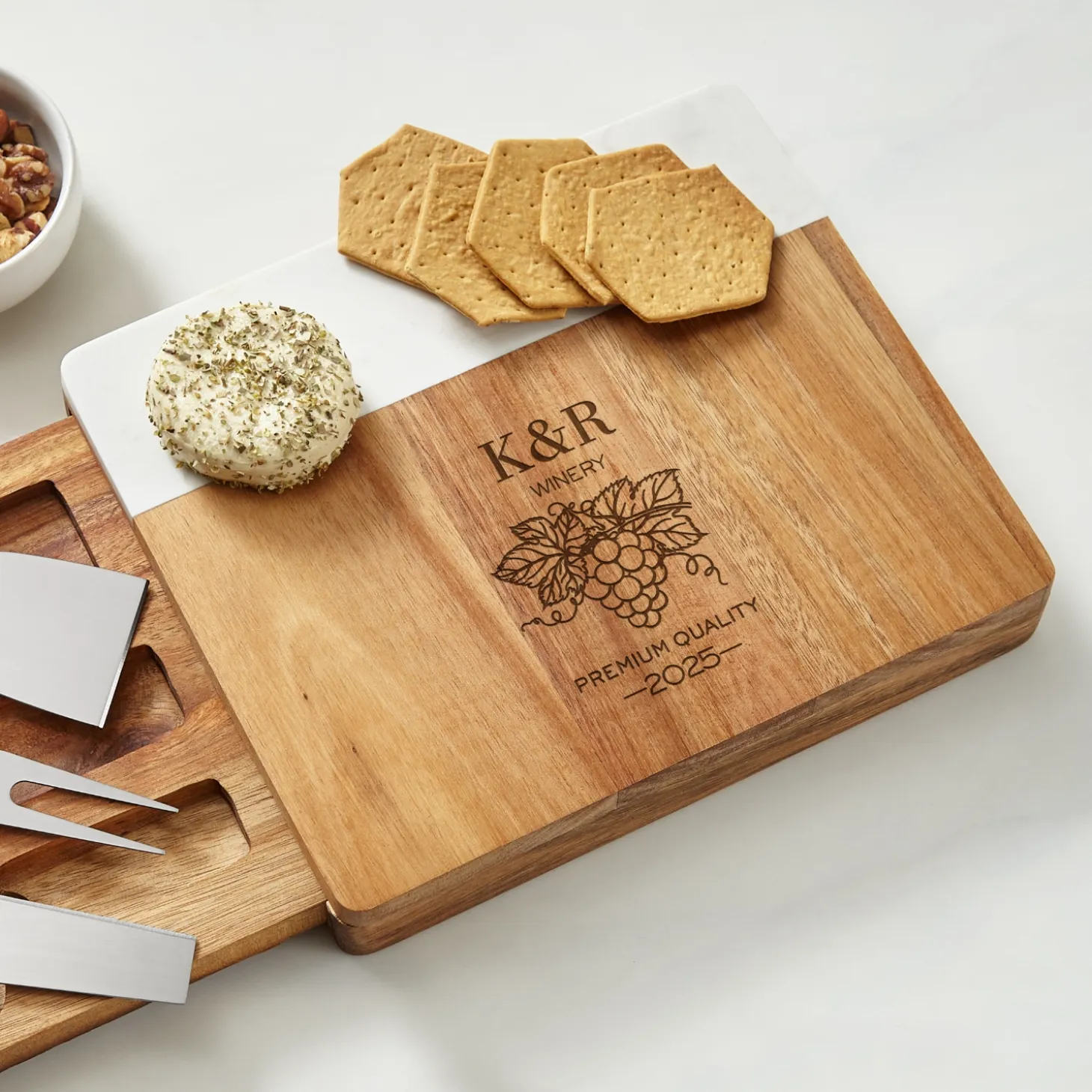 Vineyard Monogram Marble Wood Cheese Board