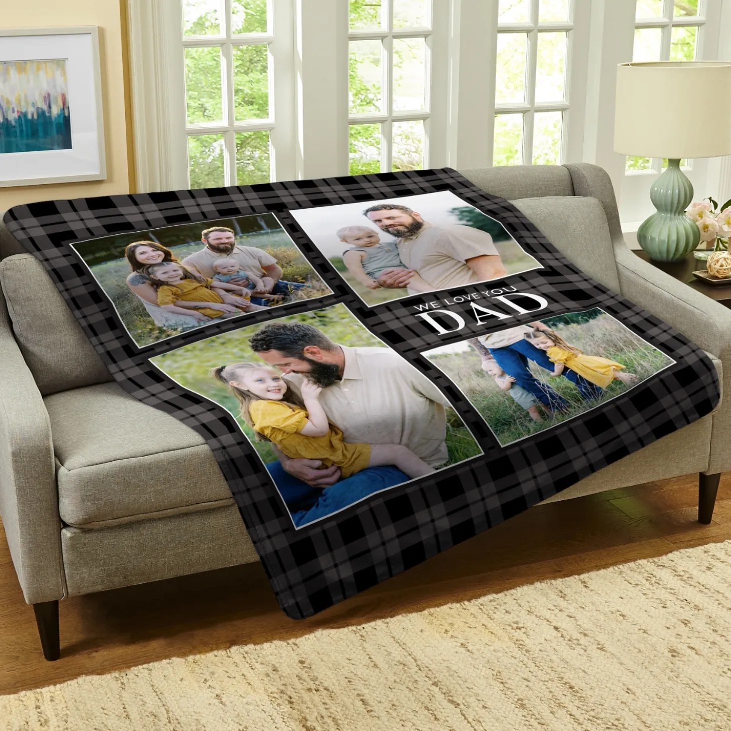 We Love Dad Gingham Photo Plush Blanket